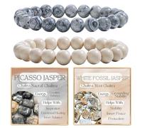 Bivei 2-Pièces 8 mm bracelet pierre naturelle femme - Jaspe Picasso, Jaspe Fossile Blanc - bracelet perles extensible fait main lithothérapie yoga méditation protection