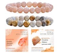 Bivei 2-Pièces 8 mm bracelet pierre naturelle femme - Pierre de Soleil, Jade Corail - bracelet perles extensible fait main lithothérapie yoga méditation protection