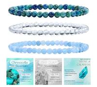 Bivei 3-Pièces 4 mm bracelet pierre naturelle femme - Chrysocolle, Quartz Clair, Aigue-Marine - bracelet perles extensible fait main lithothérapie yoga méditation protection