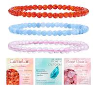 Bivei 3-Pièces 4 mm bracelet pierre naturelle femme - Cornaline, Aigue-Marine, Quartz Rose - bracelet perles extensible fait main lithothérapie yoga méditation protection