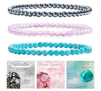 Bivei 3-Pièces 4 mm bracelet pierre naturelle femme - Hématite, Quartz Rose, Turquoise Verte - bracelet perles extensible fait main lithothérapie yoga méditation protection