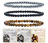 Bivei 3-Pièces 4 mm bracelet pierre naturelle femme - Hématite, Tourmaline Noire, Œil de Tigre - bracelet perles extensible fait main lithothérapie yoga méditation protection