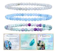 Bivei 3-Pièces 4 mm bracelet pierre naturelle femme - Pierre de Lune, Aigue-Marine, Fluorite - bracelet perles extensible fait main lithothérapie yoga méditation protection