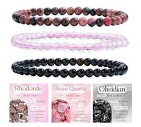 Bivei 3-Pièces 4 mm bracelet pierre naturelle femme - Rhodonite, Quartz Rose, Obsidienne Noire - bracelet perles extensible fait main lithothérapie yoga méditation protection