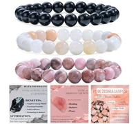 Bivei 3-Pièces 4 mm bracelet pierre naturelle femme - Tourmaline Noire, Aventurine Rose, Pierre Zèbre Rose - bracelet perles extensible fait main lithothérapie yoga méditation protection