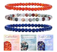 Bivei 3-Pièces 6 mm bracelet pierre naturelle femme - Cornaline, Hématite Africaine, Lapis Lazuli - bracelet perles extensible fait main lithothérapie yoga méditation protection