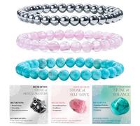 Bivei 3-Pièces 6 mm bracelet pierre naturelle femme - Hématite, Quartz Rose, Turquoise Verte - bracelet perles extensible fait main lithothérapie yoga méditation protection