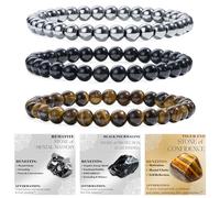 Bivei 3-Pièces 6 mm bracelet pierre naturelle femme - Hématite, Tourmaline Noire, Œil de Tigre - bracelet perles extensible fait main lithothérapie yoga méditation protection