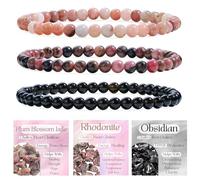Bivei 3-Pièces 6 mm bracelet pierre naturelle femme - Jade Fleur de Prunier, Rhodonite, Obsidienne Noire - bracelet perles extensible fait main lithothérapie yoga méditation protection