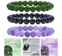 Bivei 3-Pièces 6 mm bracelet pierre naturelle femme - Jade Vert, Tourmaline Noire, Jade Violet - bracelet perles extensible fait main lithothérapie yoga méditation protection