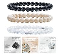 Bivei 3-Pièces 6 mm bracelet pierre naturelle femme - Obsidienne Noire, Jaspe Fossile Blanc, Quartz Clair - bracelet perles extensible fait main lithothérapie yoga méditation protection