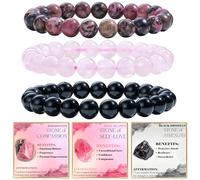 Bivei 3-Pièces 6 mm bracelet pierre naturelle femme - Rhodonite, Quartz Rose, Obsidienne Noire - bracelet perles extensible fait main lithothérapie yoga méditation protection