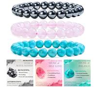 Bivei 3-Pièces 8 mm bracelet pierre naturelle femme - Hématite, Quartz Rose, Turquoise Verte - bracelet perles extensible fait main lithothérapie yoga méditation protection