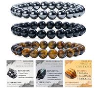 Bivei 3-Pièces 8 mm bracelet pierre naturelle femme - Hématite, Tourmaline Noire, Œil de Tigre - bracelet perles extensible fait main lithothérapie yoga méditation protection