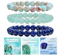 Bivei 3-Pièces 8 mm bracelet pierre naturelle femme - Lizardite, Aventurine Verte, Lapis Lazuli - bracelet perles extensible fait main lithothérapie yoga méditation protection
