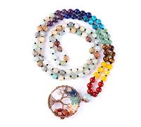 Bivei Collier Mala 108 perles d'arbre de vie 7 chakras - Véritable pierre précieuse de guérison, yoga, méditation - Collier de perles de prière Mala nouées à la main - 6 mm - Pierre