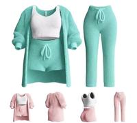 Bivoo Misscosy - Ensemble en Tricot 4 pièces,Pyjama 4 pièces Chaud et Sexy en Laine Polaire pour Femmes,Ensemble Douillet en Tricot 4 pièces pour Femmes (Vert,Small)