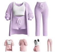 Bivoo Misscosy - Ensemble en Tricot 4 pièces,Pyjama 4 pièces Chaud et Sexy en Laine Polaire pour Femmes,Ensemble Douillet en Tricot 4 pièces pour Femmes (Violet,3XL)
