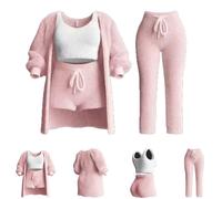 Bivoo Misscosy - Ensemble en Tricot 4 pièces,Pyjama 4 pièces Chaud et Sexy en Laine Polaire pour Femmes,Ensemble Douillet en Tricot 4 pièces pour Femmes (Rose,Large)