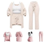 Bivoo Misscosy - Ensemble en Tricot 4 pièces,Pyjama 4 pièces Chaud et Sexy en Laine Polaire pour Femmes,Ensemble Douillet en Tricot 4 pièces pour Femmes (Beige,Large)