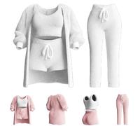 Bivoo Misscosy - Ensemble en Tricot 4 pièces,Pyjama 4 pièces Chaud et Sexy en Laine Polaire pour Femmes,Ensemble Douillet en Tricot 4 pièces pour Femmes (Blanc,Large)