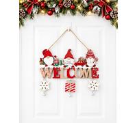 BIVYAX 1 Pieces Décoration de Porte Créative pour Noël, Pendentif Avec 3 Personnages de Lutins de Noël et Inscription "Welcome", Ornement en Bois, Pour Cheminée, Table et Fenêtre