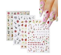 BIVYAX Sticker Ongle Autocollants Nail Art Ongles，4 Feuilles Décoration Ongles Adhésive Abeille Coccinelle Papillon，Stickers Ongles Nail Art 5D Relief Fleur Marguerite Fraise