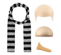 BIWISY 4 Pcs Adults Costume Accessories Set, Black Gray Striped Scarf Fake Nose Latex Bald Head Wig Cap, Cosplay Classic Characters Gru Halloween Party Set