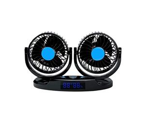 Biwwubik Ventilateur de voiture à double tête 12 V - Rotation à 360° - Avec affichage LED - Température et humidité - Noir