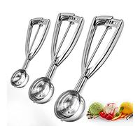 Bixel Lot de 3 cuillères à crème glacée avec déclencheur facile - Grande (6,3 cm), moyenne (5 cm), petite (4 cm) en acier inoxydable 304 pour melon, muffin, sorbet, cupcakes, boulettes de viande et