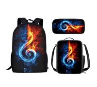 Biyejit 3 pcs École Sac à Dos Ensemble avec Trousse et Lunch Tots Sac pour Enfants Primaire Élémentaire Garçons Filles Livre Sac, Note de musique Fire, taille unique