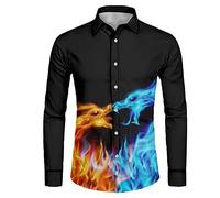 Biyejit Chemise pour homme à manches longues, coupe ajustée avec impression de dragon de feu rouge et bleu, style décontracté et athlétique, boutonnée sur toute la longueur, pour l'extérieur et la rue