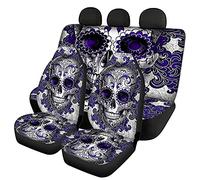 Biyejit Ensemble complet de 4 housses de siège avant et arrière motif tête de mort violette pour homme et femme, 2 housses de siège + 2 housses de protection pour banquette arrière