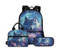 Biyejit Ensemble de 3 sacs à dos d'école avec sac à déjeuner, trousse à crayons, cartables, 43,2 cm, cadeau de rentrée scolaire, Wolf 14, Taille unique, Ensemble cartable