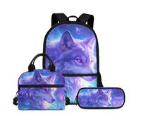 Biyejit Ensemble de 3 sacs à dos d'école avec sac à déjeuner, trousse à crayons, cartables, 43,2 cm, cadeau de rentrée scolaire, Loup 12, Taille unique, Ensemble cartable