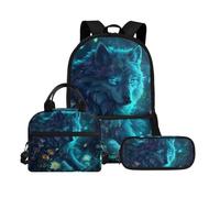Biyejit Ensemble de 3 sacs à dos d'école avec sac à déjeuner, trousse à crayons, cartables, 43,2 cm, cadeau de rentrée scolaire, Wolf 13, Taille unique, Ensemble cartable