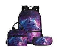 Biyejit Ensemble de 3 sacs à dos d'école avec sac à déjeuner, trousse à crayons, cartables, 43,2 cm, cadeau de rentrée scolaire, Loup 18, Taille unique, Ensemble cartable