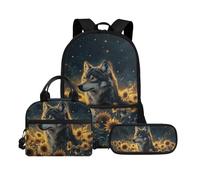 Biyejit Ensemble de 3 sacs à dos d'école avec sac à déjeuner, trousse à crayons, cartables, 43,2 cm, cadeau de rentrée scolaire, Wolf 15, Taille unique, Ensemble cartable