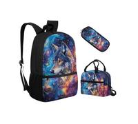Biyejit Ensemble de 3 sacs à dos d'école avec sac à déjeuner, trousse à crayons, sacs à livres légers de 43,2 cm, Wolf Galaxy., Taille unique, Ensemble cartable