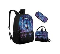 Biyejit Ensemble de 3 sacs à dos d'école avec sac à déjeuner, trousse à crayons, sacs à livres légers de 43,2 cm, loup, Taille unique, Ensemble cartable