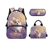 Biyejit Ensemble de 3 sacs à dos d'école de 43,2 cm avec sac à déjeuner, trousse à crayons, trousse pour lycée, étudiants, Corgi., Taille unique, Ensemble cartable