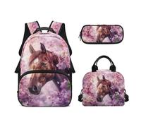Biyejit Ensemble de 3 sacs à dos d'école de 43,2 cm avec sac à déjeuner, trousse à crayons, trousse pour lycée, étudiants, cheval, Taille unique, Ensemble cartable