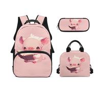 Biyejit Ensemble de 3 sacs à dos d'école de 43,2 cm avec sac à déjeuner, trousse à crayons, trousse pour lycée, étudiants, cochon, Taille unique, Ensemble cartable