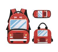 Biyejit Ensemble de 3 sacs à dos d'école sur le thème du train avec sac à déjeuner, trousse à crayons, 43,2 cm, lycéen, Bus scolaire rouge, Taille unique, Ensemble cartable
