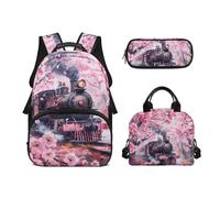 Biyejit Ensemble de 3 sacs à dos d'école sur le thème du train avec sac à déjeuner, trousse à crayons, 43,2 cm, lycéen, Train Cherry Blossom, Taille unique, Ensemble cartable