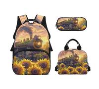 Biyejit Ensemble de 3 sacs à dos d'école sur le thème du train avec sac à déjeuner, trousse à crayons, 43,2 cm, lycéen, Tournesols en train, Taille unique, Ensemble cartable