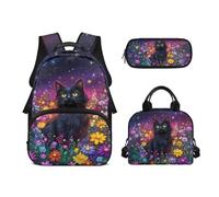 Biyejit Ensemble de 3 sacs à dos d'école sur le thème du train avec sac à déjeuner, trousse à crayons, 43,2 cm, lycéen, chat, Taille unique, Ensemble cartable