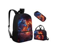 Biyejit Ensemble de cartables 3 en 1 pour enfants, sac à déjeuner, trousse à crayons, sacs à livres légers de 43,2 cm, Fire Wolf., Taille unique, Ensemble cartable