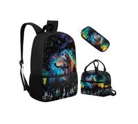 Biyejit Ensemble de cartables 3 en 1 pour enfants, sac à déjeuner, trousse à crayons, sacs à livres légers de 43,2 cm, Wolf Galaxy., Taille unique, Ensemble cartable