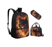 Biyejit Ensemble de cartables 3 en 1 pour enfants, sac à déjeuner, trousse à crayons, sacs à livres légers de 43,2 cm, Cool Wolf Fire, Taille unique, Ensemble cartable
